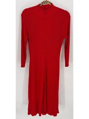 Calvin Klein Womens Red Ribbed Heavy Knit Long Sleeve Mock Neck Midi Dress Large